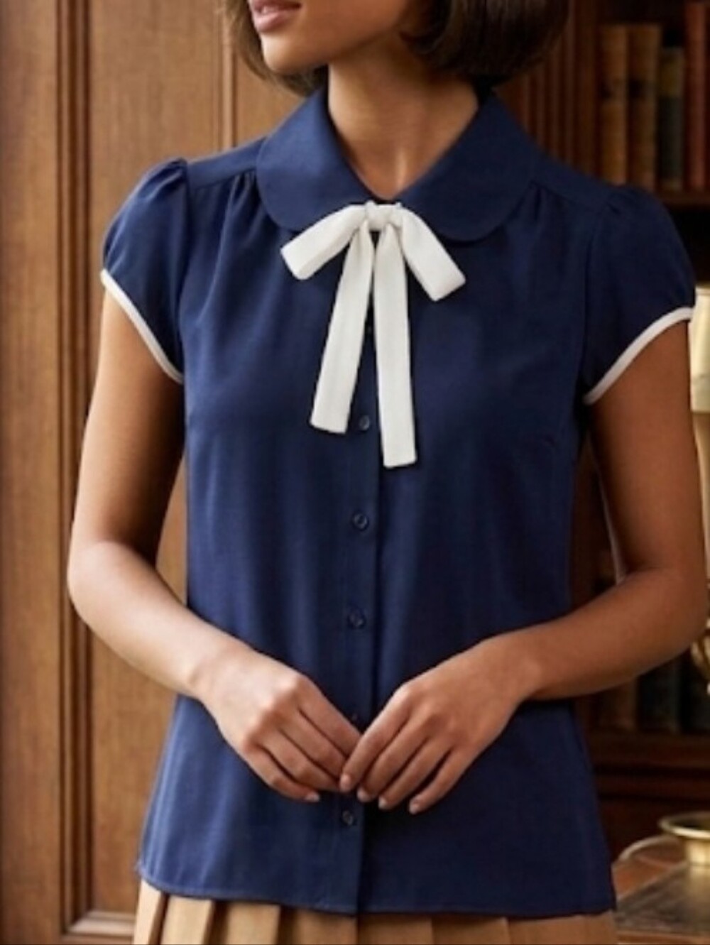 Navy Bow Tie Cap Sleeve Blouse